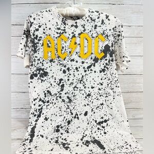 AC DC Music Paint Splatter T-Shirt Men Small Short Sleeve Tie Dye White Gray